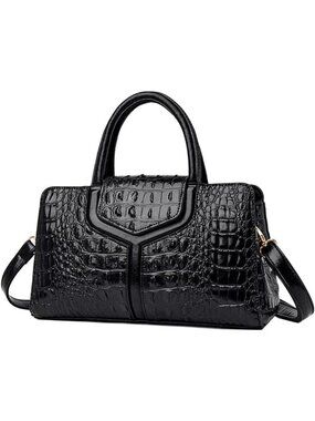 🆕Women's Black Handle Purse Crocodile Faux Leather Tote Zipper Shoulder Bag
